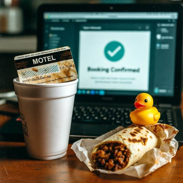 Crumpled motel key, coffee cup, burrito, and rubber duck on laptop