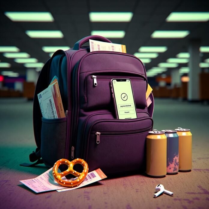 Overfilled backpack spilling boarding passes and pretzel at airport