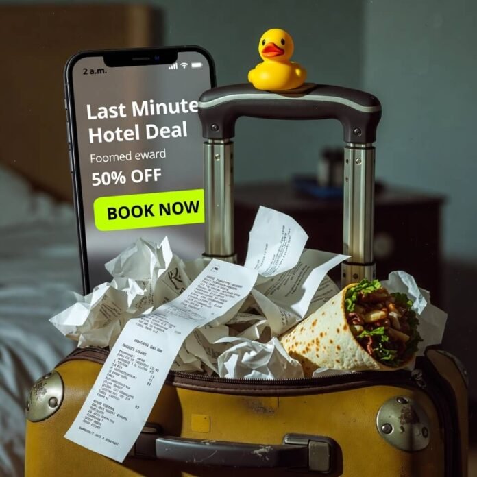 Beat-up suitcase with receipts, burrito, rubber duck, and hotel deal notification