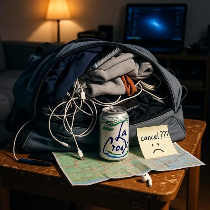 Chaotic half-unpacked duffel bag with 