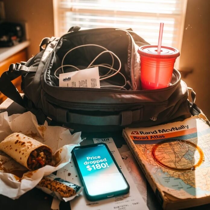 Messy backpack with flight deal alert and snacks