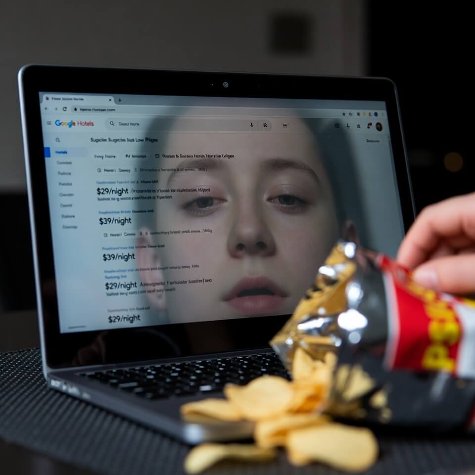 Tired face reflected in laptop showing suspiciously cheap Google Hotels prices, chips nearby.