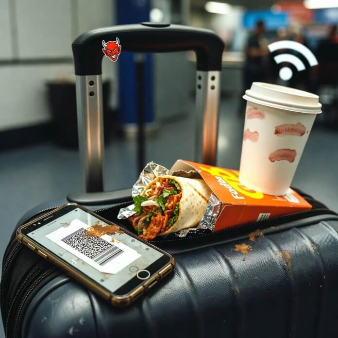 Frazzled traveler holding overpriced airport water bottle