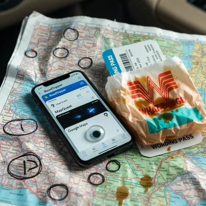 Crumpled map, greasy Whataburger wrapper, googly-eyed phone chaos