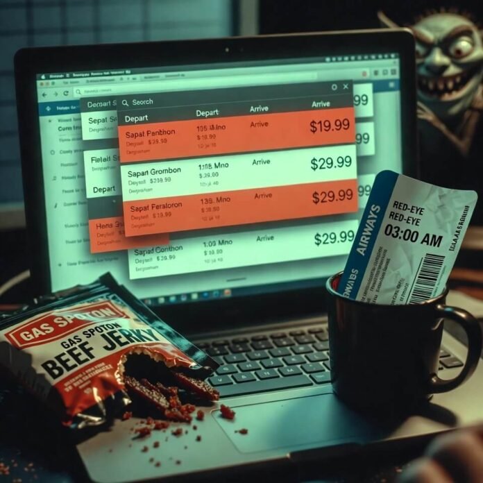 Chaotic laptop with cheap flight tabs, beef jerky spill, and gremlins whispering.