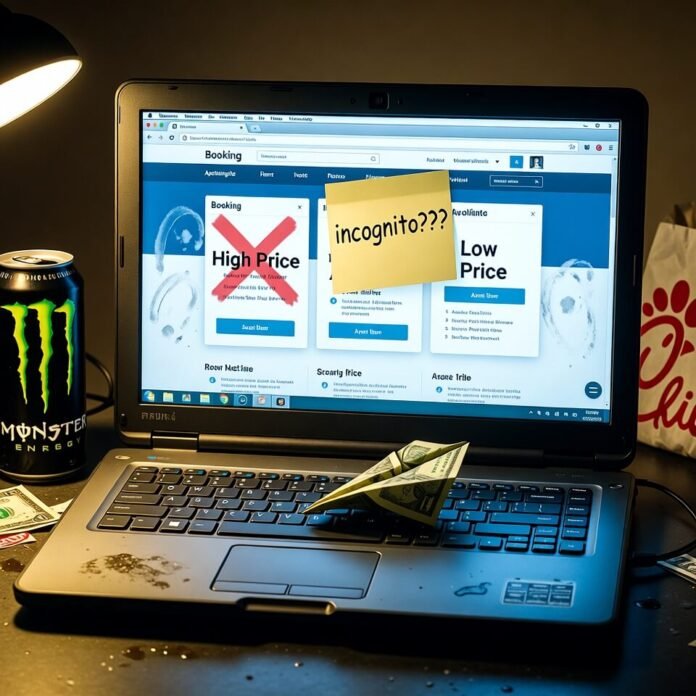 Chaotic desk with laptop showing booking price drop, spilled Monster, origami dollar plane, sticky note 
