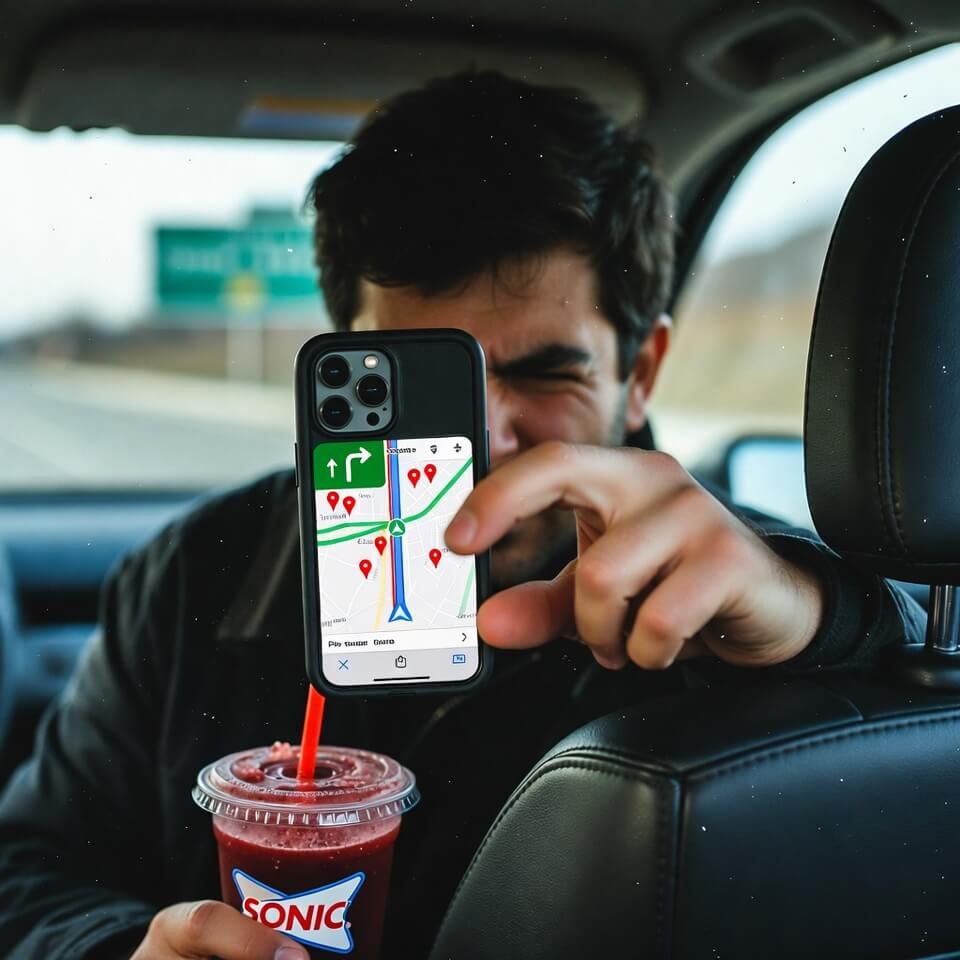 Driver squinting at Google Maps with melting Sonic slush