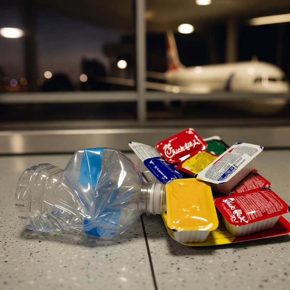 Squished water bottle next to messy Chick-fil-A tray