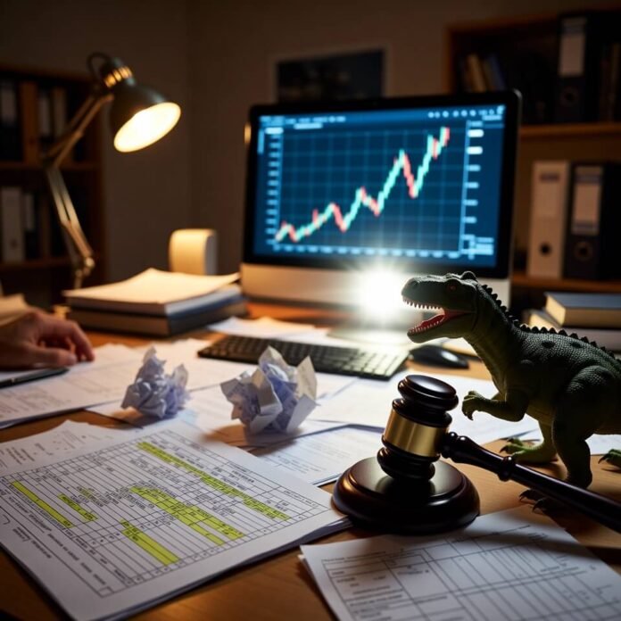 Chaotic desk with dinosaur judging hotel price spike