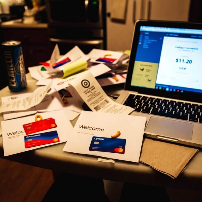 Cluttered table with credit cards, laptop showing $11.20 flight total.