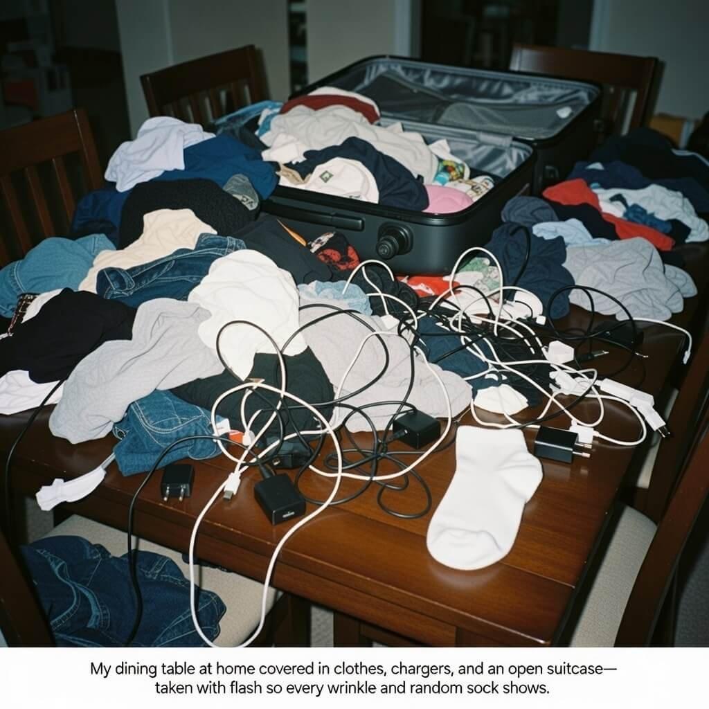 Chaotic dining table packed with clothes and chargers