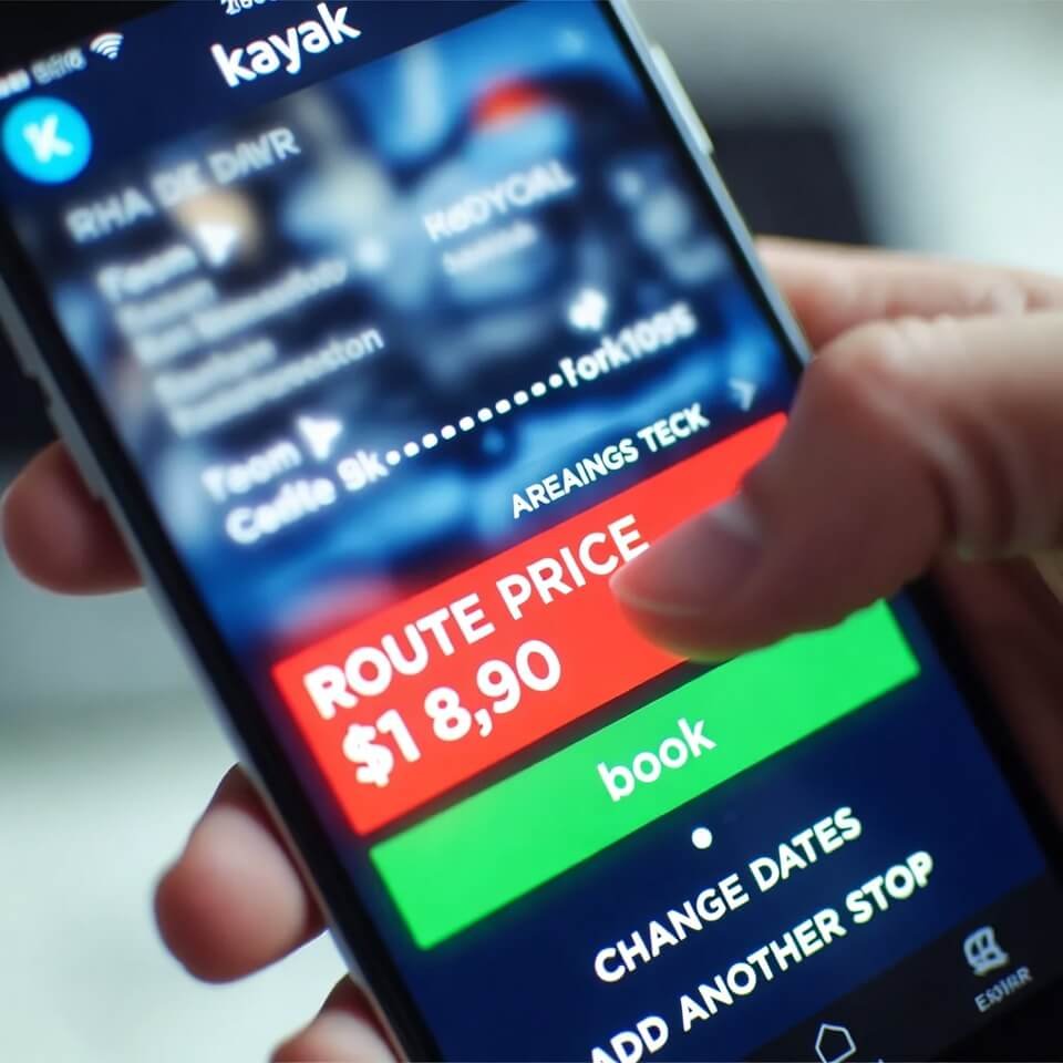 Phone screen showing high Kayak flight price, thumb over "book".