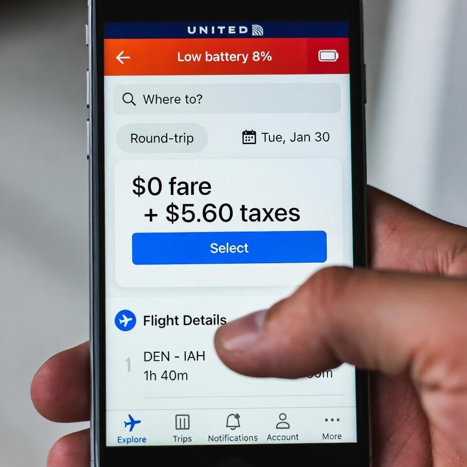 United app screen showing $0 fare + $5.60 taxes, low battery warning, thumb in frame.