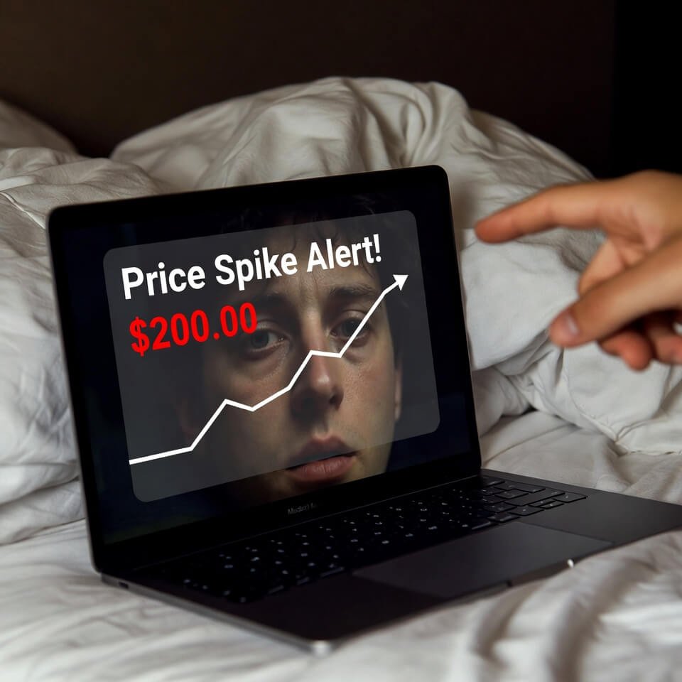 Tired reflection on MacBook showing $200 flight price spike