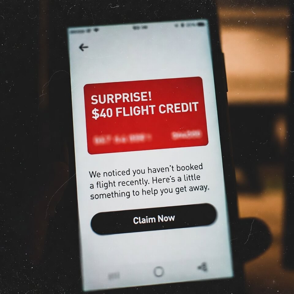 Tilted phone screen showing surprise $40 flight credit notification
