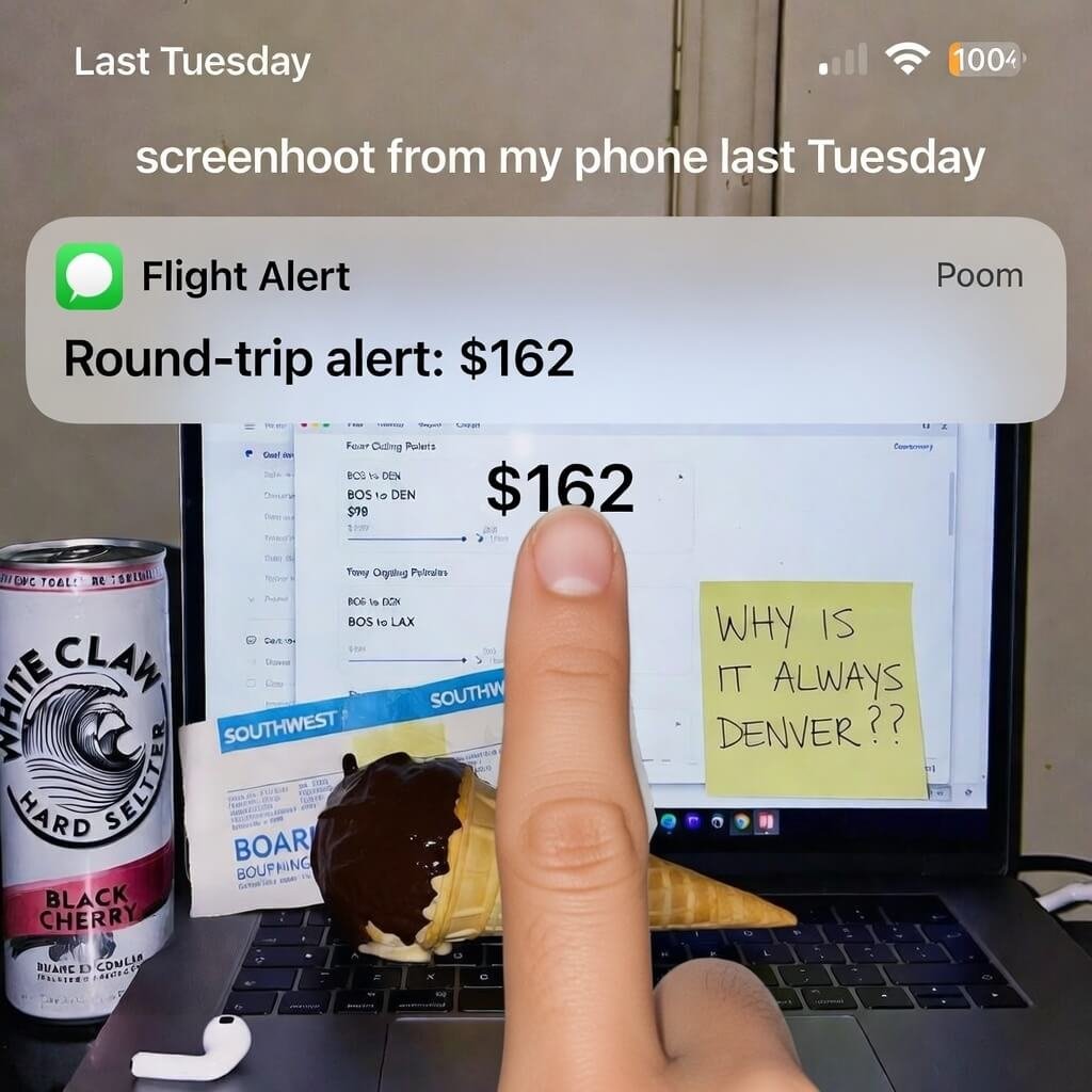 Phone notification of $162 flight alert, finger blocking price