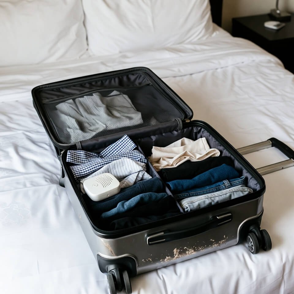 Open beat-up suitcase with clothes and white-noise machine on hotel bed