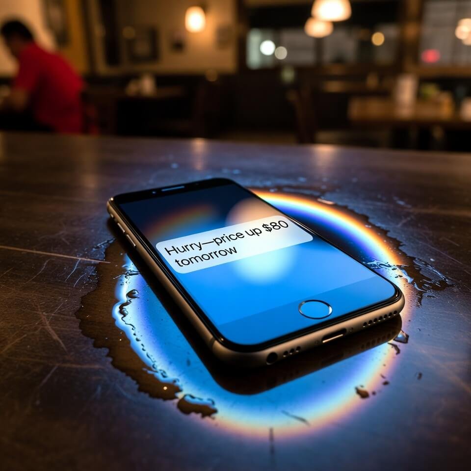 iPhone notification: "Hurry—price up $80 tomorrow" on diner table