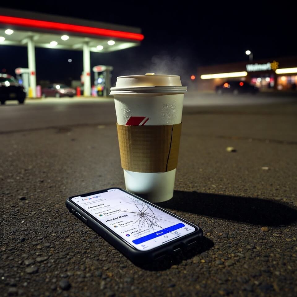 Cracked phone with Google Flights next to gas station coffee cup at dawn