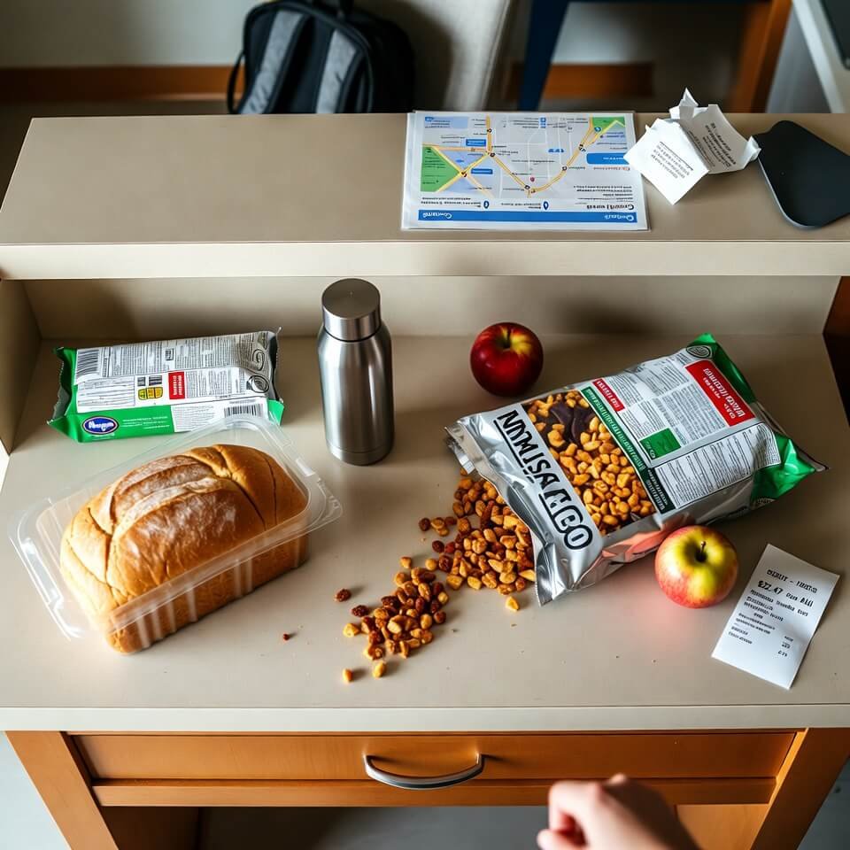 Grocery haul on counter with road map and receipt