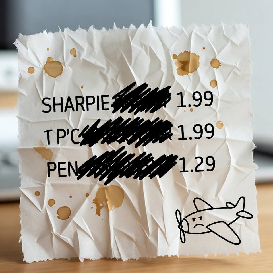 Coffee-stained paper towel with violently crossed-out prices and sad plane doodle