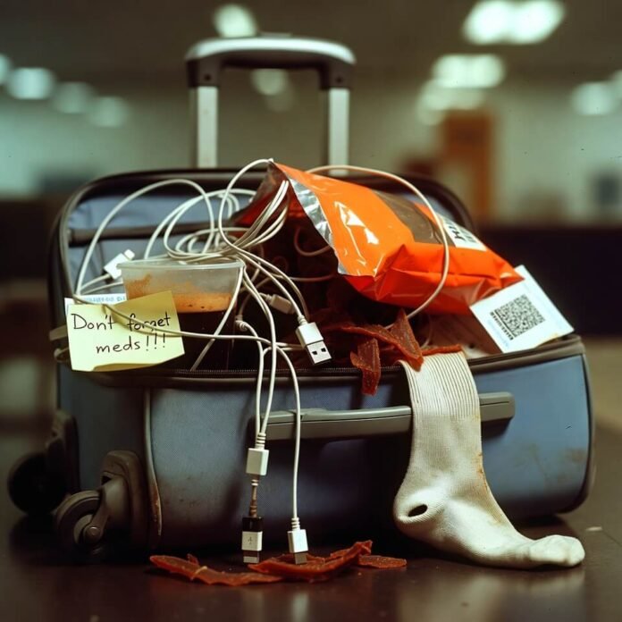 Chaotic overflowing carry-on with jerky, cables, rogue sock, and 
