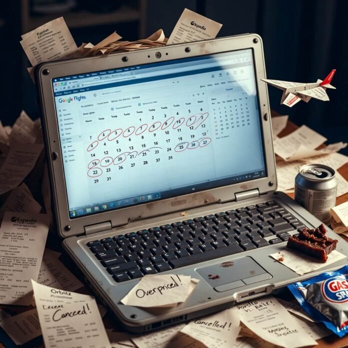 Cluttered laptop with Google Flights Tuesday deals and regrets