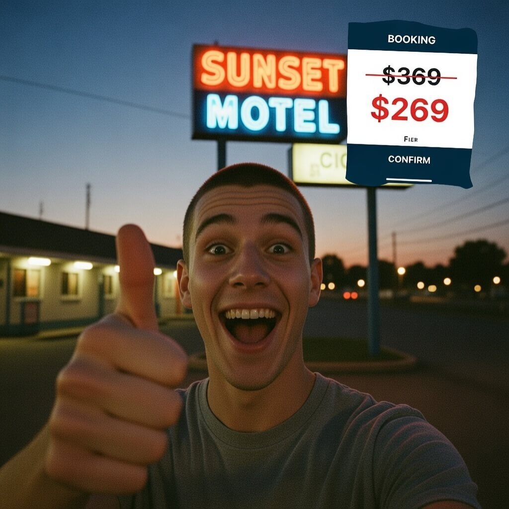 Thumbs-up selfie at motel with crude price overlay