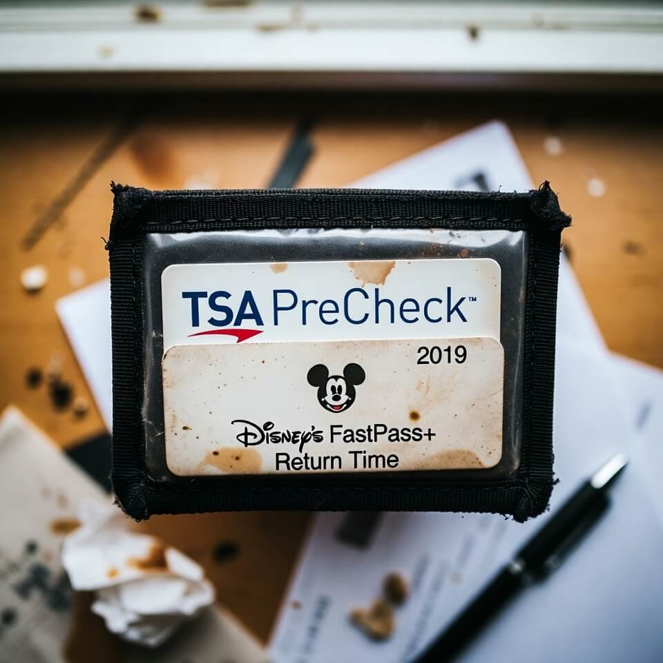 Stained TSA PreCheck holder with old 2019 Disney FastPass stub.