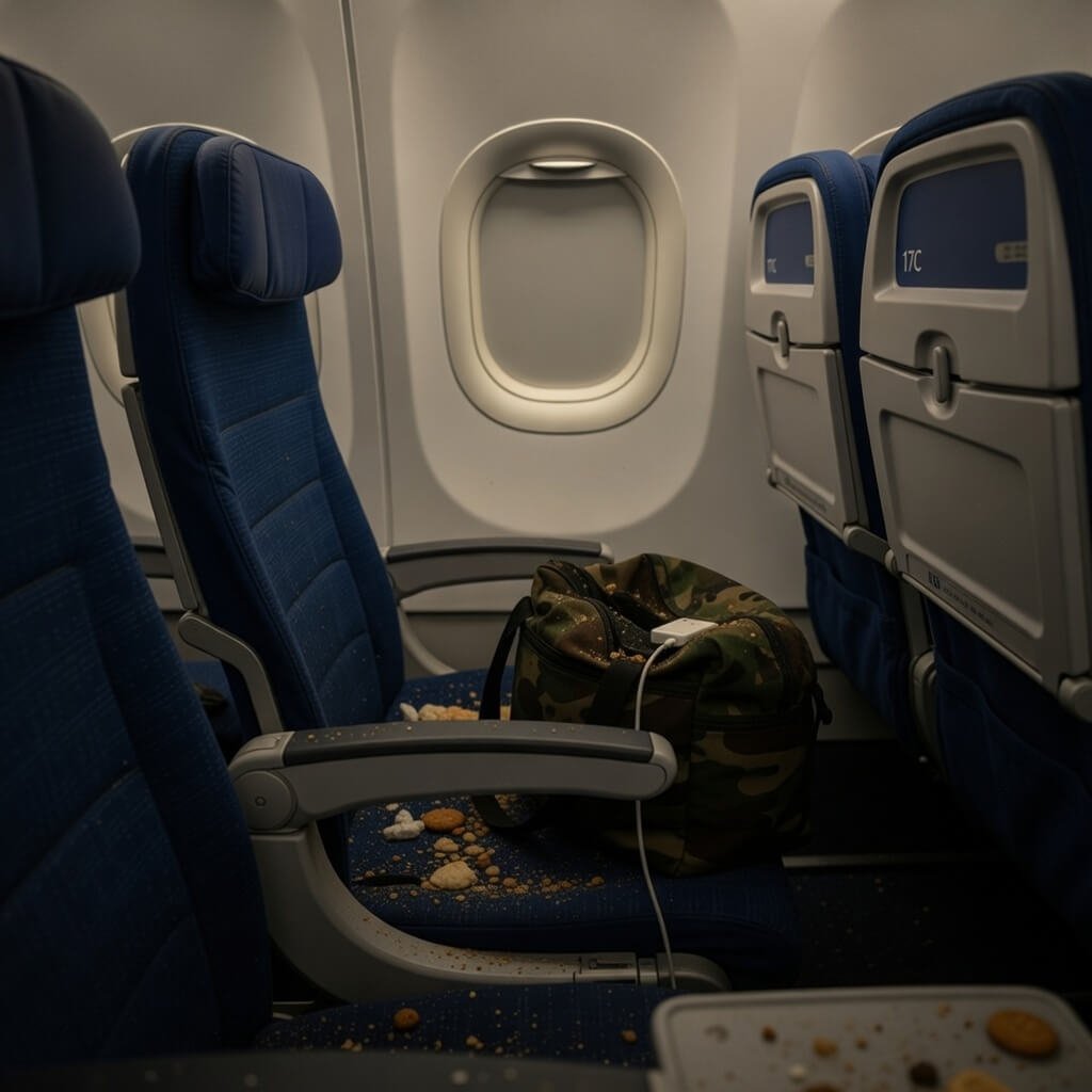 Airplane seat view with empty middle, messy bag and crumbs.
