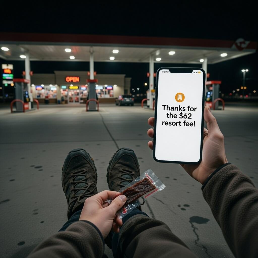 Eating gas-station jerky while seeing $62 resort fee notification