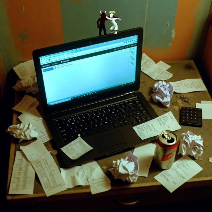 Messy motel desk with laptop tabs and energy drink