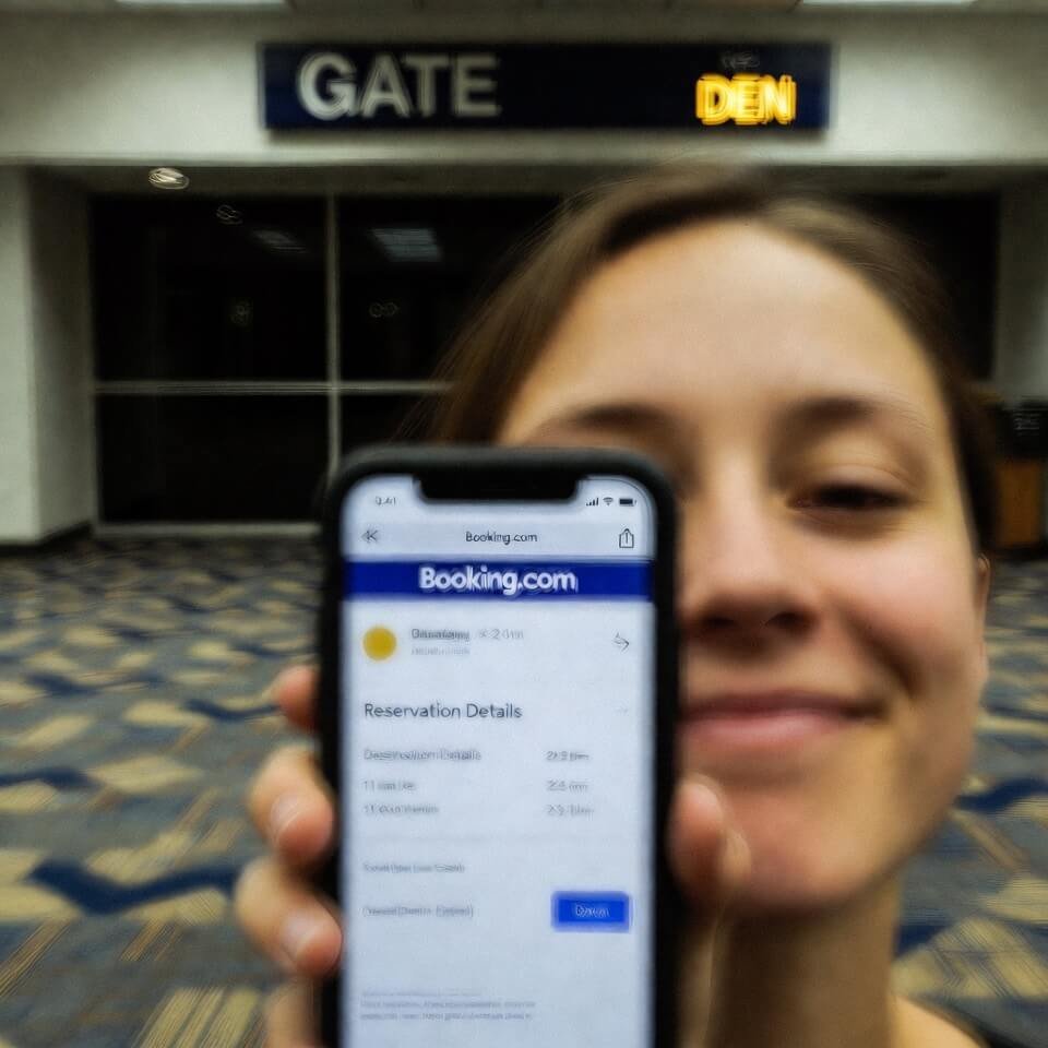 Blurry tired-happy selfie at DEN gate holding Booking.com confirmation email, colorful airport carpet visible.