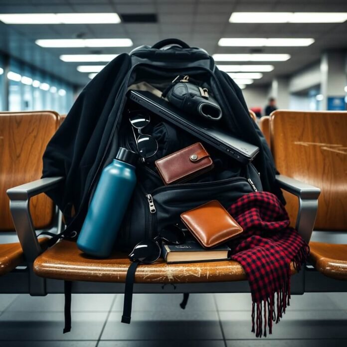 Messy backpack spilling chaos on airport bench