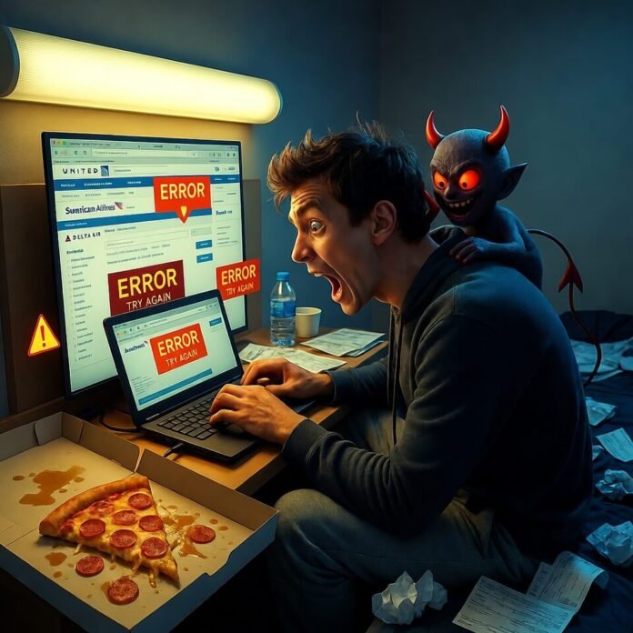 Stressed traveler with devil on shoulder, pizza, error screens