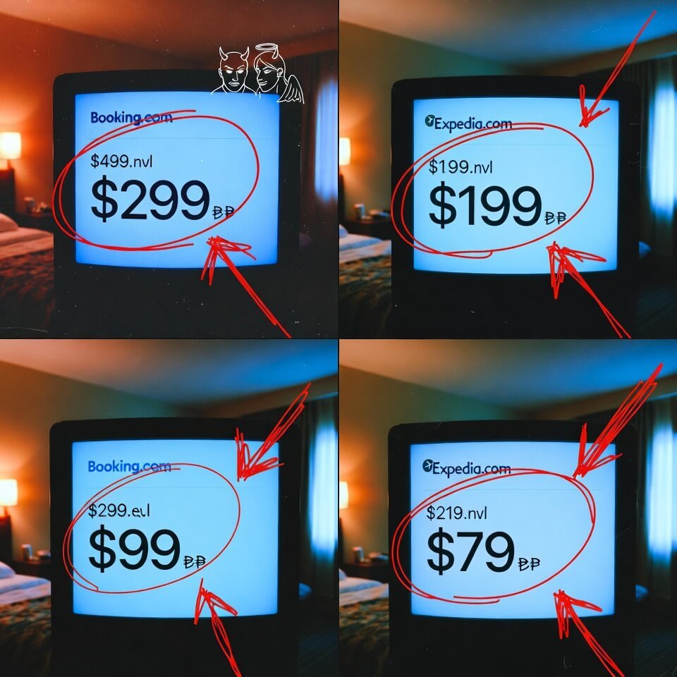 Tilted phone screenshot showing hotel price differences