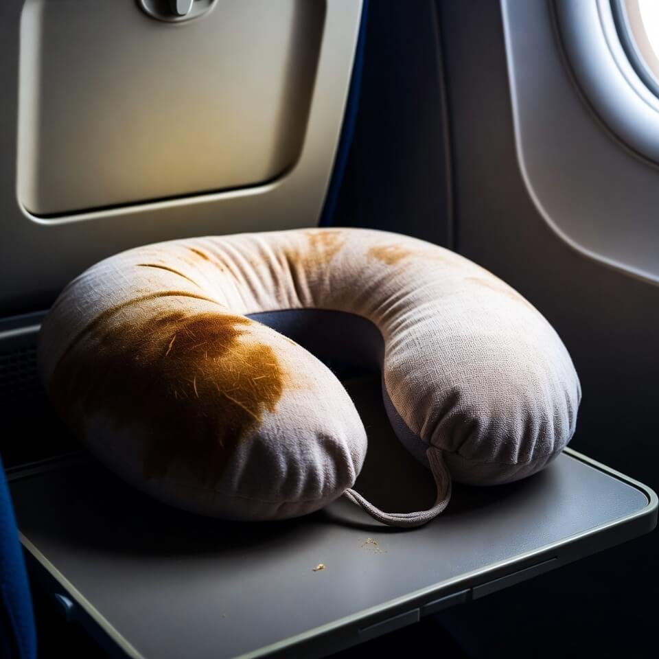 Messy airport gear pile with cracked phone reflection