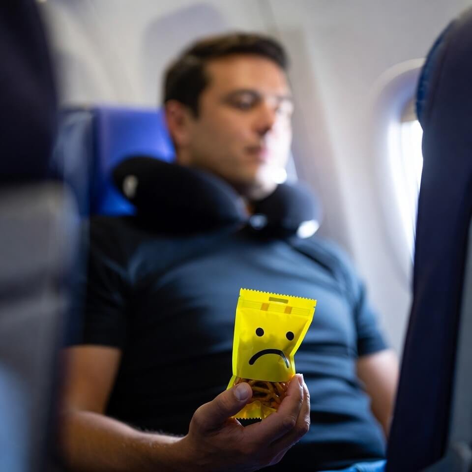 Tired traveler in middle seat clutching sad pretzel bag