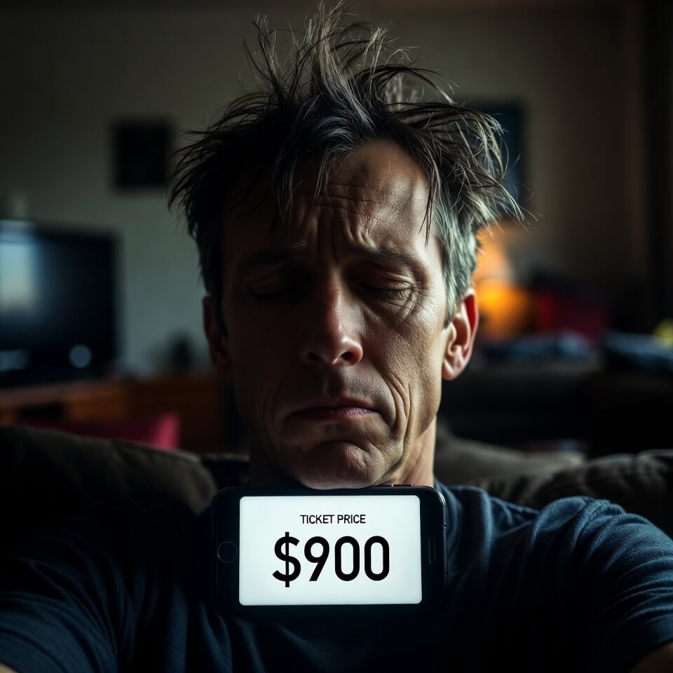Defeated person holding phone showing $900 ticket price