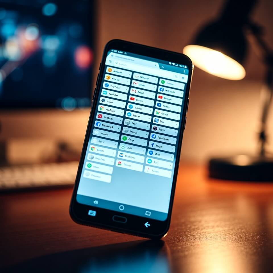 Smartphone tilted with dozens of open browser tabs under warm lamp light.