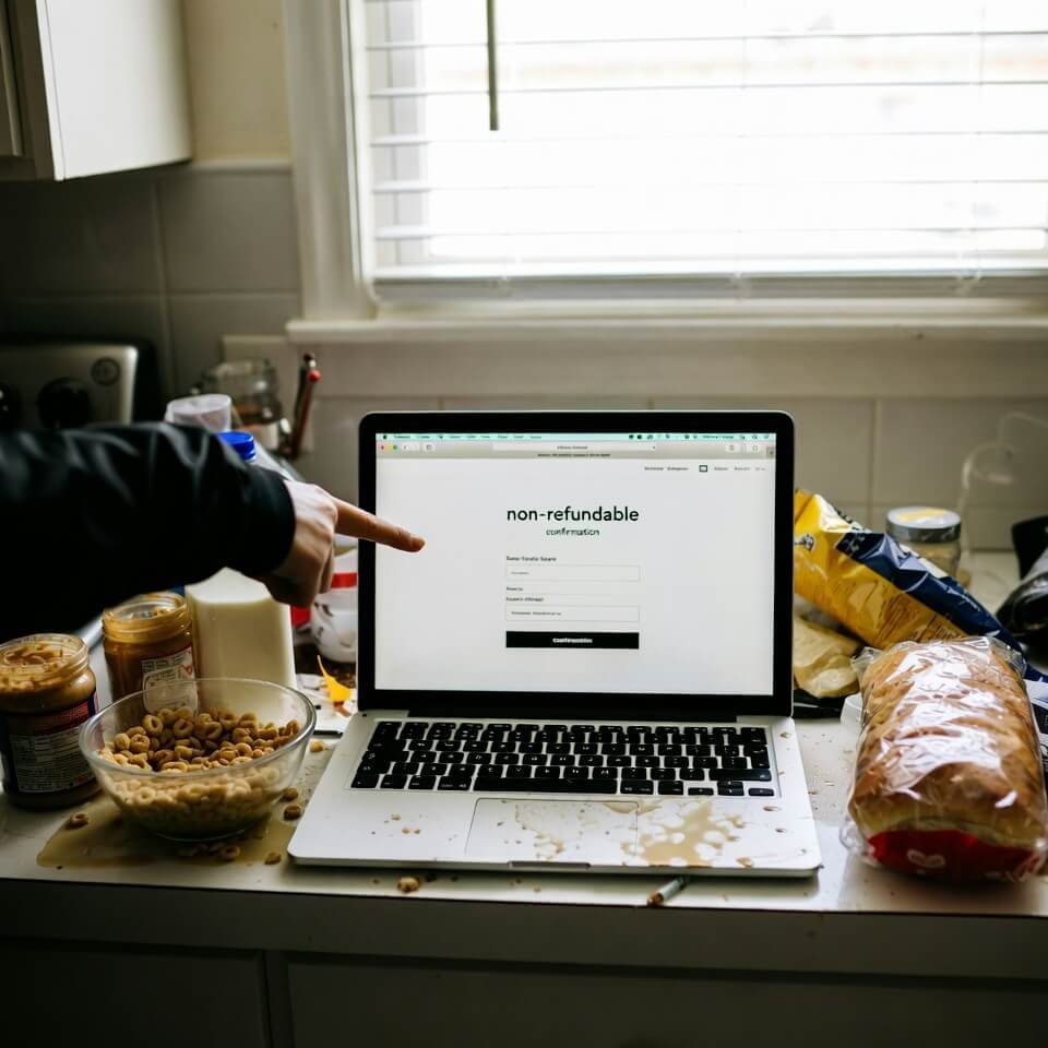 Hand pointing angrily at non-refundable flight confirmation on laptop